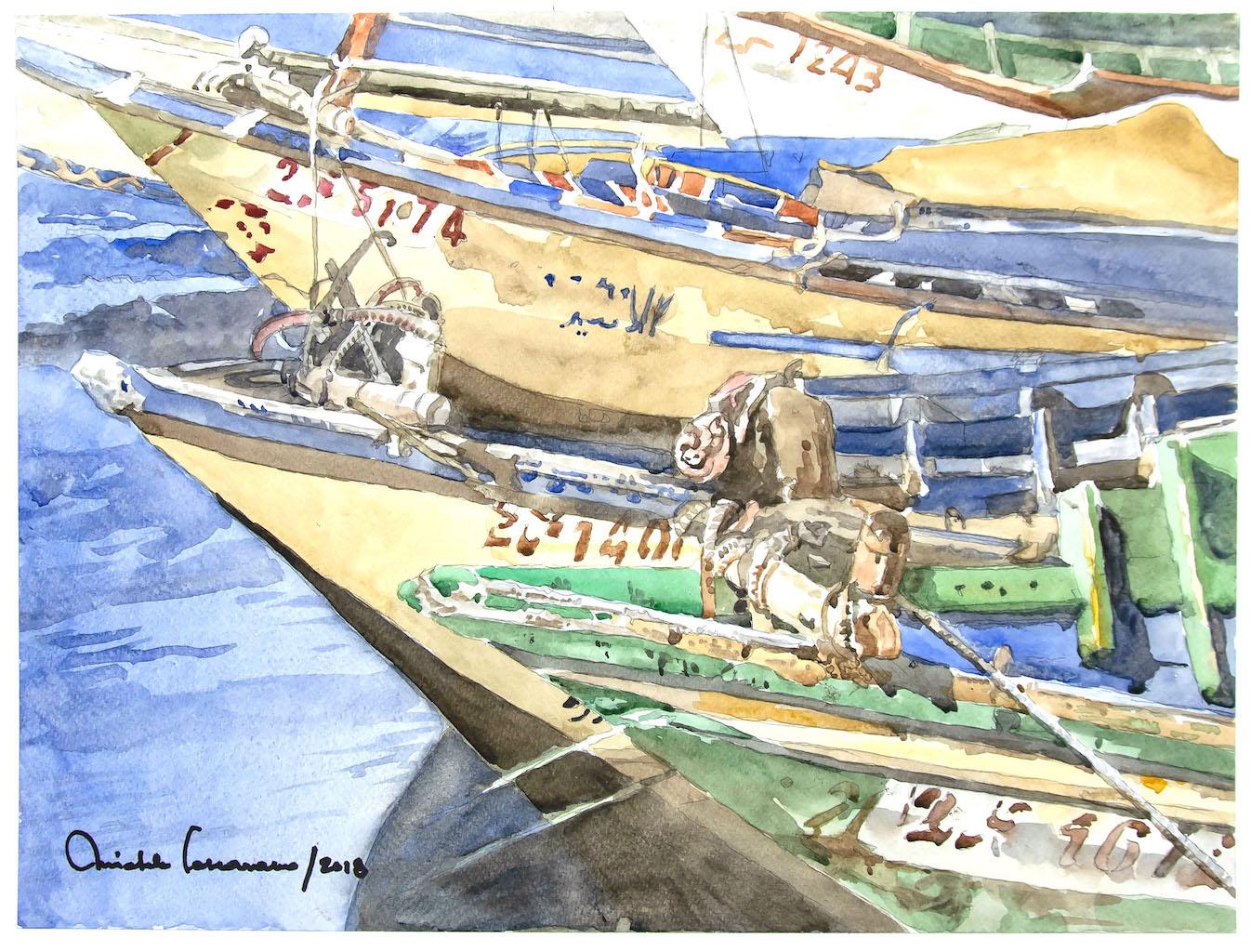 Boats is an original drawing in Watercolor on paper applied on cardboard. realized by Michele Cascarano.

The state of preservation of the artwork is good.

Hand-signed and dated on the lower left, 2018.

Sheet dimension: 40 x50 cm.

The artwork