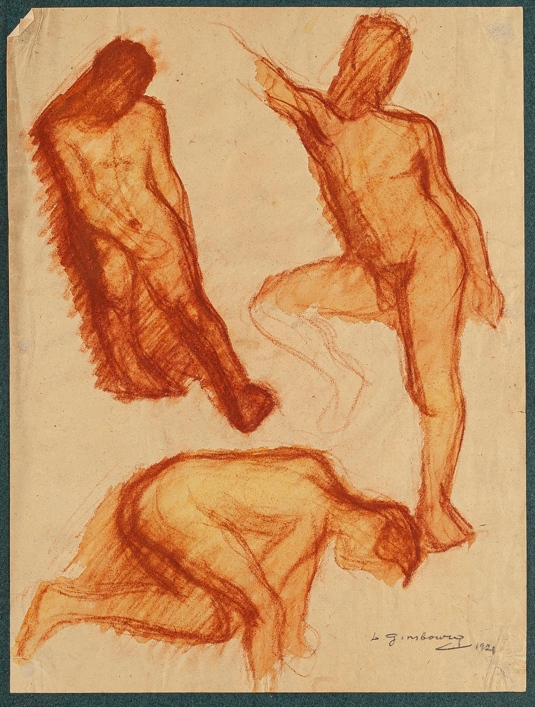 Male Aktdarstellungen – Originalzeichnung auf Papier von D. Ginsbourg – 1921