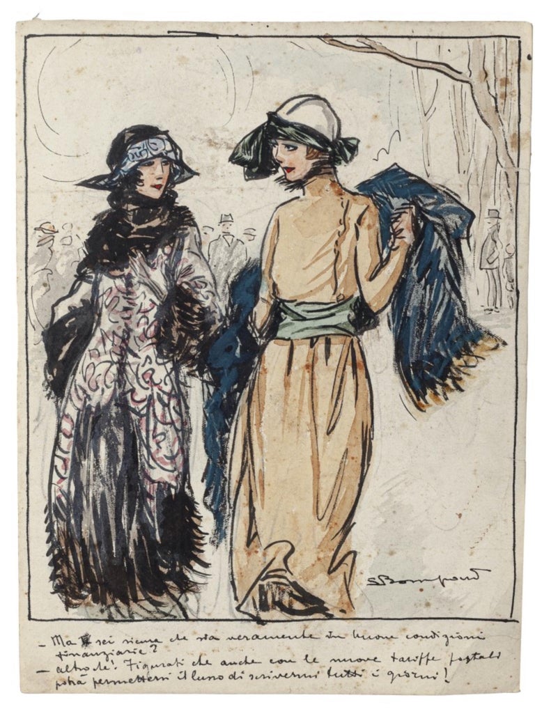 "Elegant Ladies"  is an original watercolored ink drawing on ivory-colored paper, signed by Luigi  Bompard (1879-1953).
In excellent conditions: as good as new.

Sheet dimension: 24 x 18 cm.

This is an original drawing representing two elegant