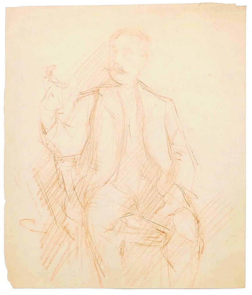 Portrait of Man - Original Sanguine Drawing - 19th Century