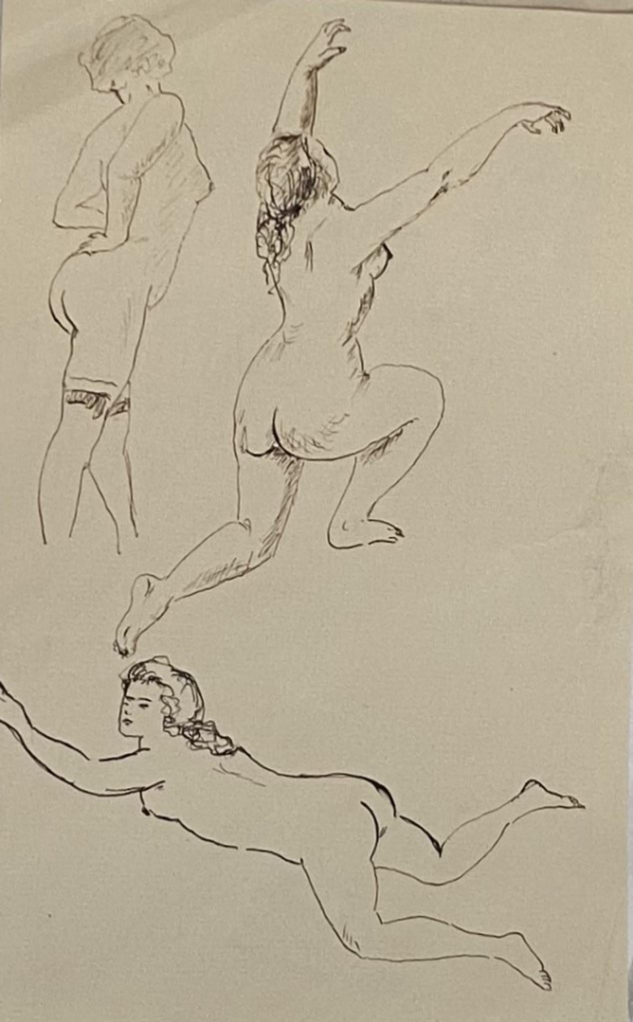 Marcel Vertès Nude – Figurenstudien – China-Tinte-Zeichnung – frühes 20. Jahrhundert