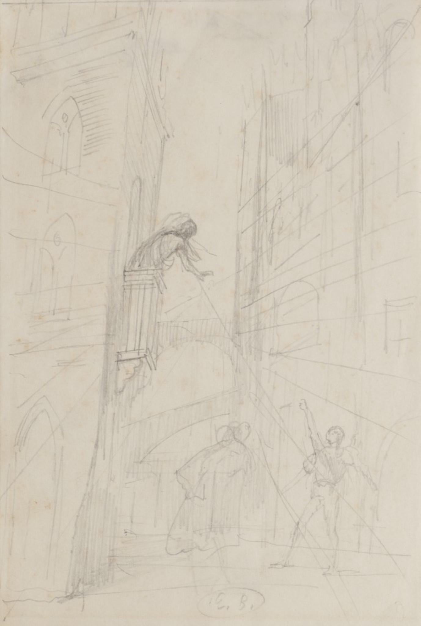 Escena teatral - Dibujo a lápiz de Eugène Berman - Mediados del siglo XX