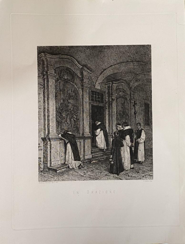 In Prayer is a splendid print in etching technique engraved by the Federico Pastoris (1837-1884).

The state of preservation of the artwork is excellent.

Sheet Dimension: 36 x 27 cm
Image Dimensions: 20 x 16.6 cm

The signature "Federico Pastoris