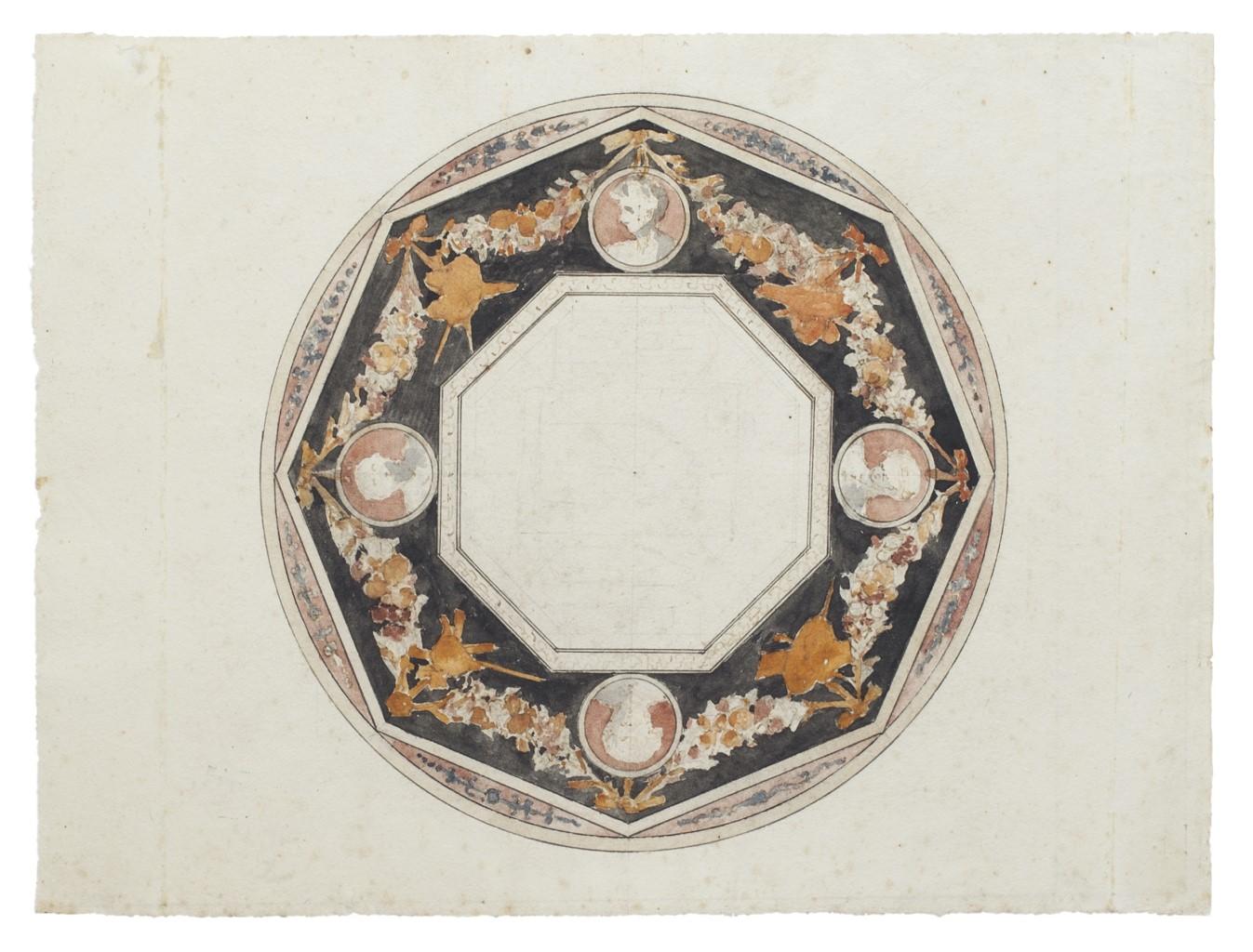 Ceiling Decoration - Original Ink and Watercolor - 18th Century