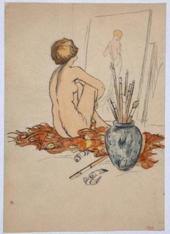 Nude - Original Ink, Pastel and Watercolor - 20th Century