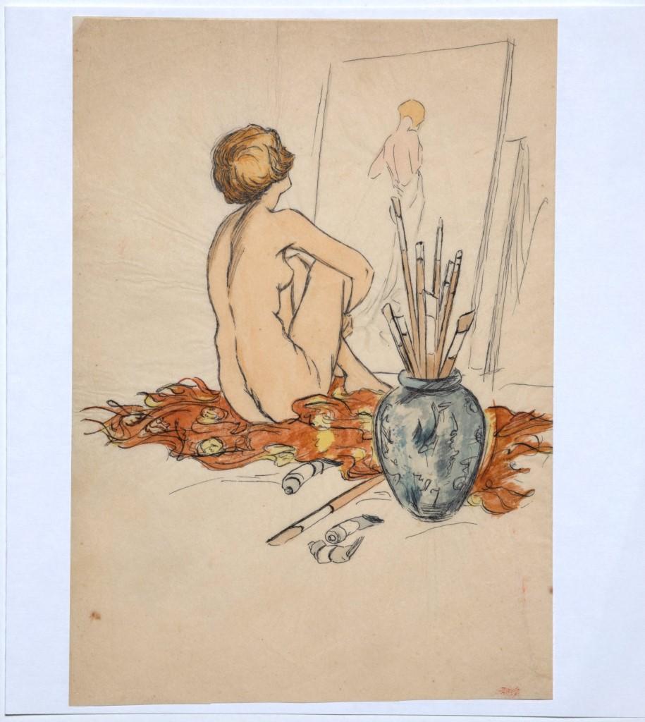 Nude - Original Ink, Pastel and Watercolor - 20th Century - Art by Unknown