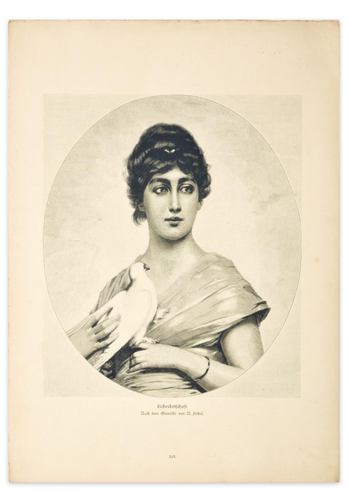 D'Apres M. Sichel Figurative Print - Woman with Dove - Original Zincography after M. Sichel - 1905