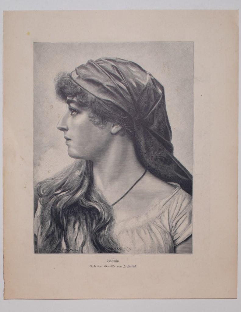 Das Gesicht der Frau ist eine Original-Zinkographie auf Papier, die 1905 von F. Krell nach F. Zenisek realisiert wurde.

Diese spezielle Zinkographie stellt das Gesicht einer Frau dar. Der Titel des Werkes "Bohmin" und die Überschrift "Mach dem