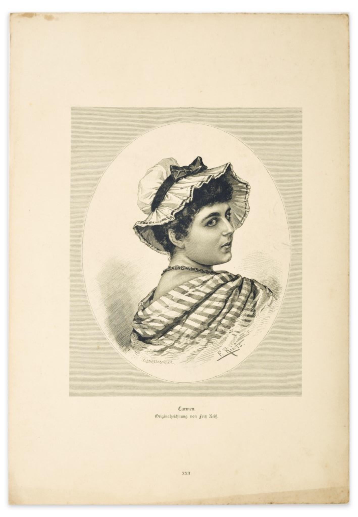 Die Frau ist eine Original-Zinkographie auf Papier von F. Reifs nach G. Stadelmann aus dem Jahr 1905.

Diese besondere Zinkographie stellt das Porträt einer Frau dar. Unten in der Mitte der Titel des Werks "Carmen" und die Beschriftung