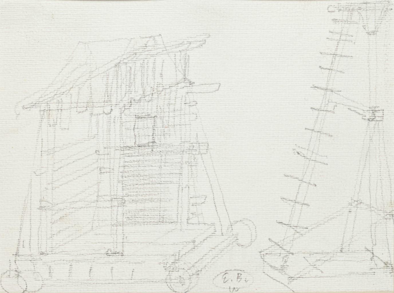 Theatrical Scene is an original monogrammed drawing in pencil, realized by Russian scenographer Eugène Berman,.

Image Dimension: 24.5 x 35 cm
Image Dimensions: 11 x 15 cm

In very good conditions. 

The artwork represents a theatrical machine.