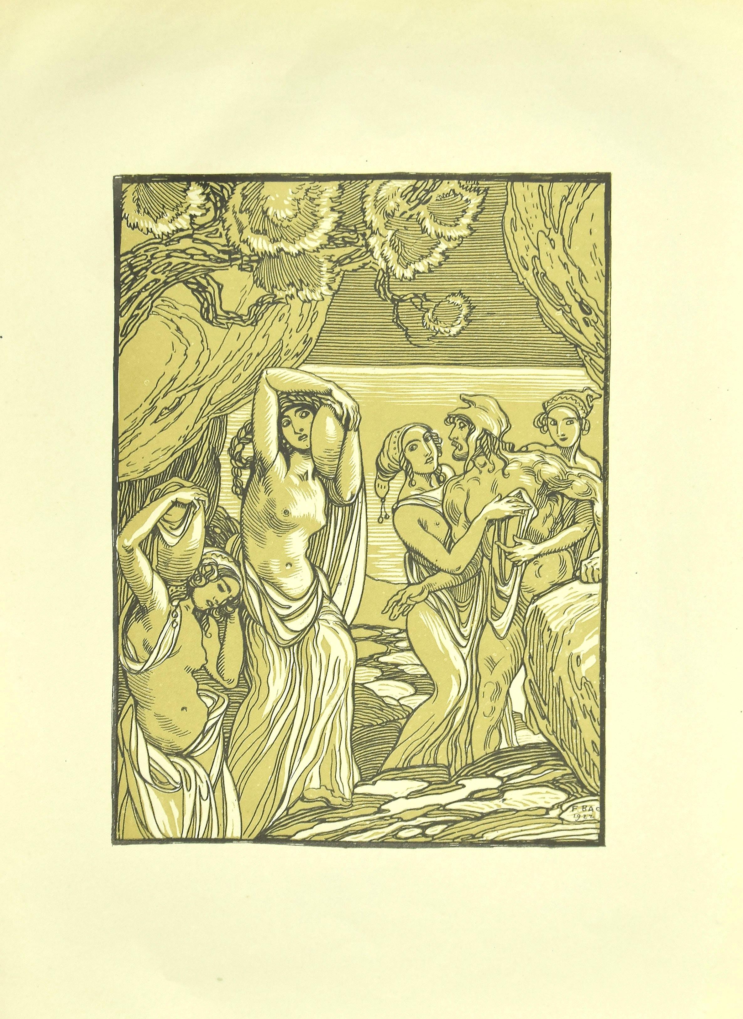 Ferdinand Bac Figurative Print - Women and Amphorae - Original Lithograph by F. Bac - 1922