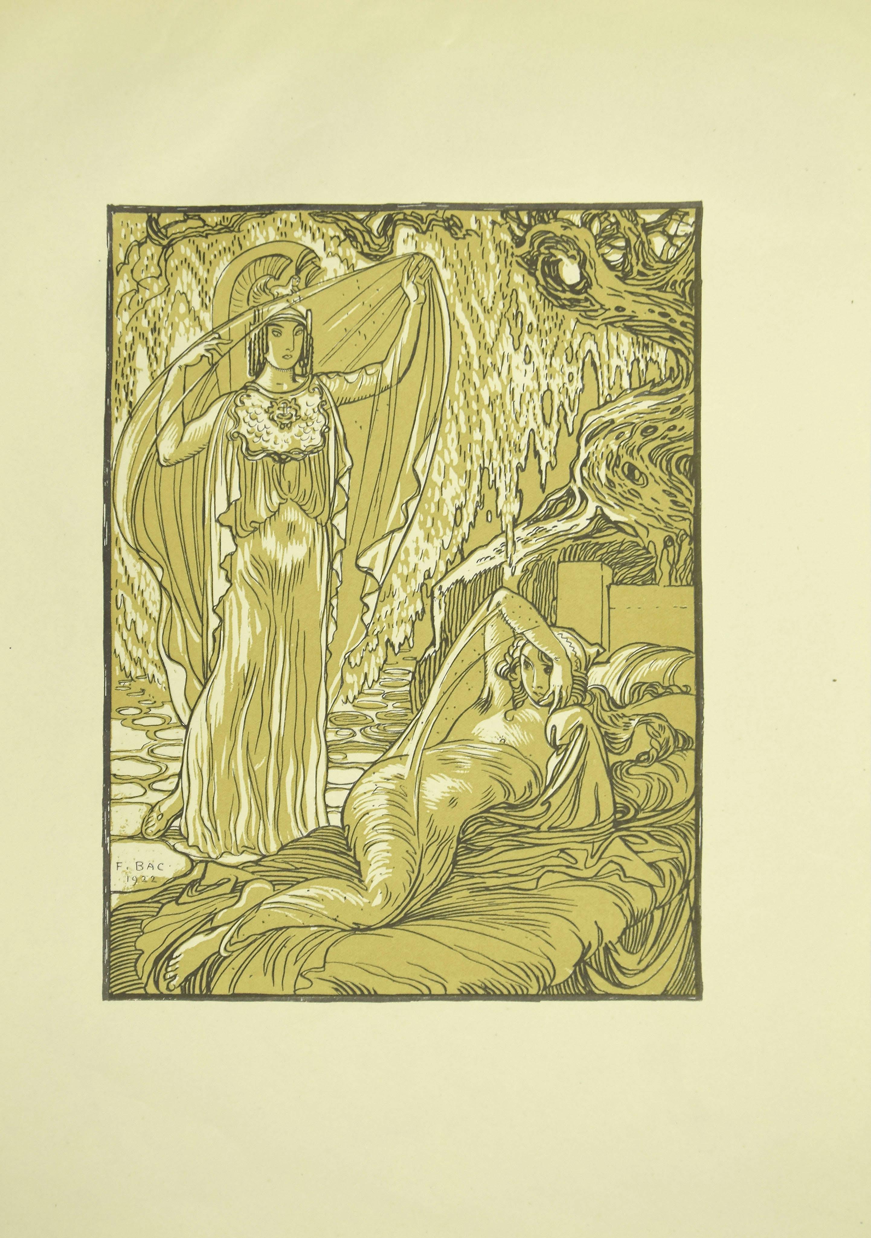 Ferdinand Bac Figurative Print – The Awakening – Originallithographie von F. Bac, 1922