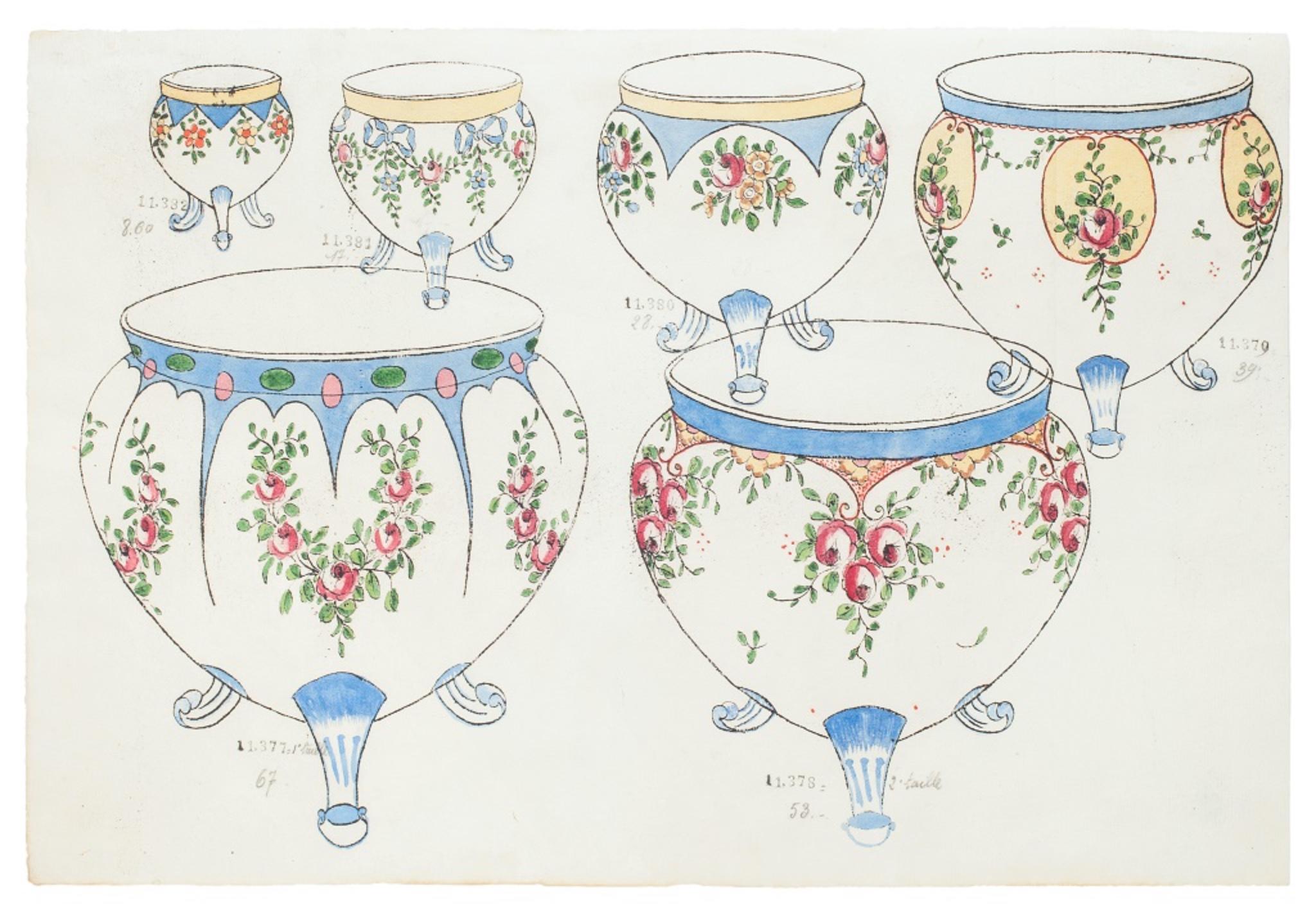 Töpferwaren – Original Aquarell- und Tuschezeichnung – 19. Jahrhundert