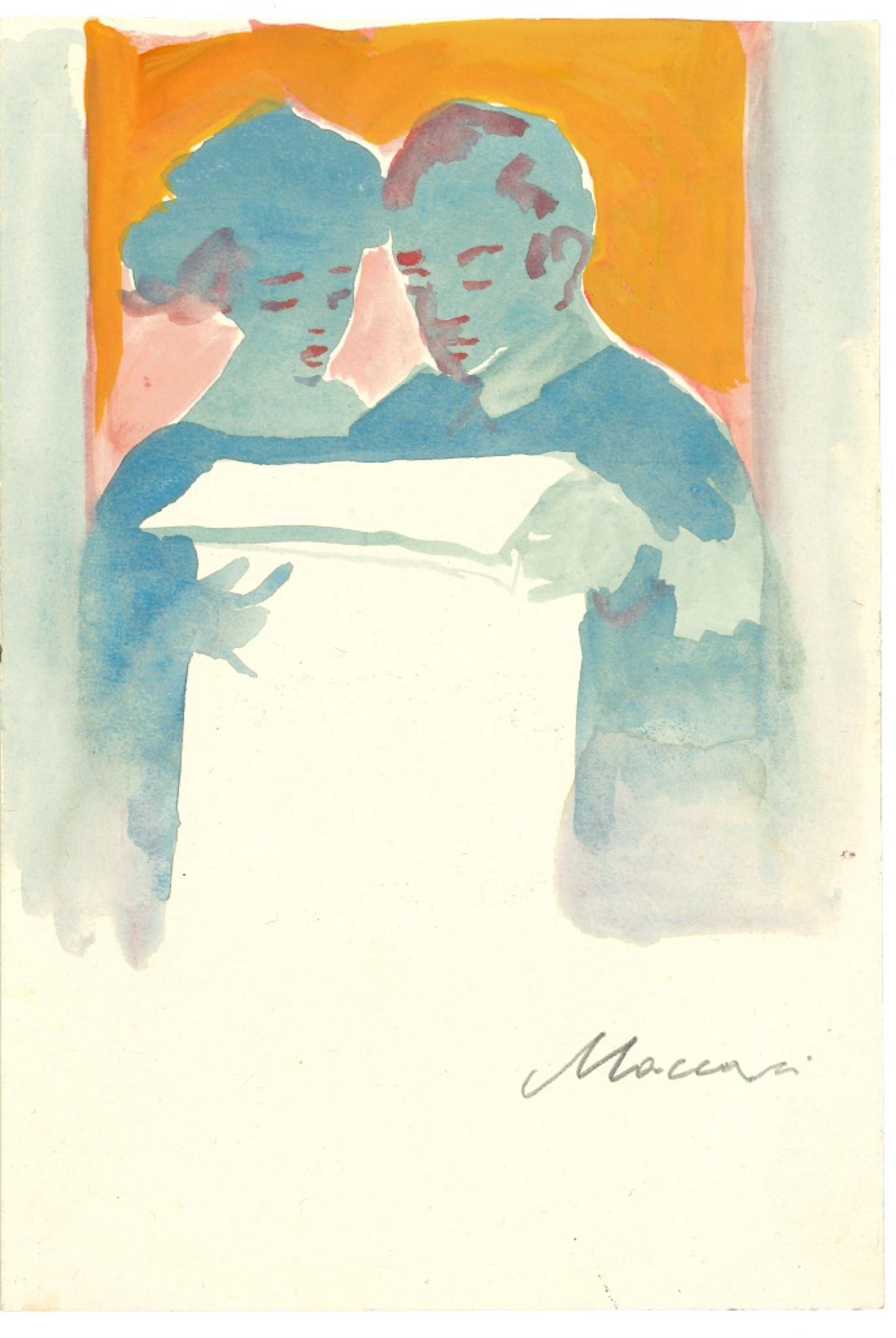Couple Reading is an artwork realized by Mino Maccari in the 1970s.

Colored mixed media drawing on cardboard (ink and watercolor).

Hand signed by the artist on the lower margin.

Good conditions.

Mino Maccari (Siena, 1898 – Rome, 1989) was a
