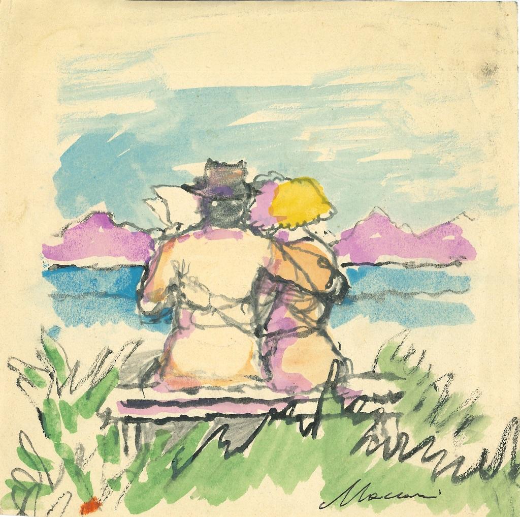 The hug is an original artwork realized by Mino Maccari in the 1970's.

Colored mixed media drawing on cardboard (ink and watercolor).

Hand signed by the artist on the lower margin.

Good conditions .

Mino Maccari (Siena, 1898 – Rome, 1989) was a
