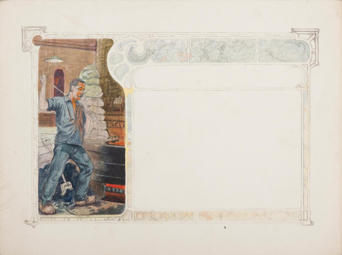 Soffiatore di vetro - Disegno originale a tecnica mista - Inizio XX secolo
