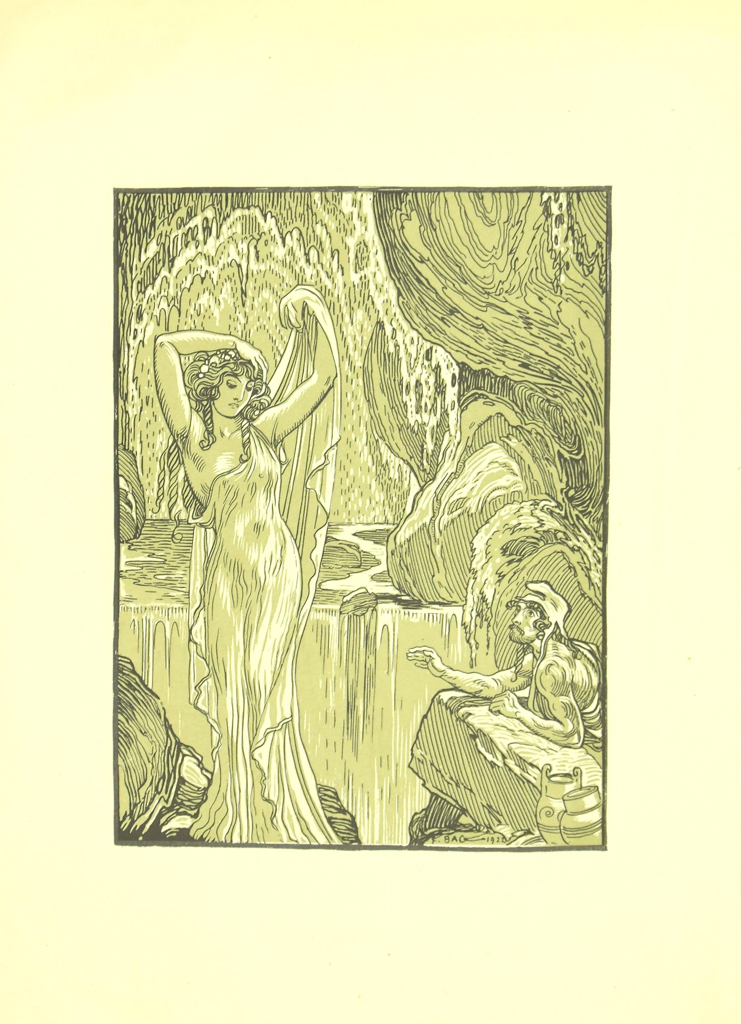Ferdinand Bac Figurative Print - The Vestal in the Waterfall - Original Lithograph by F. Bac - 1922
