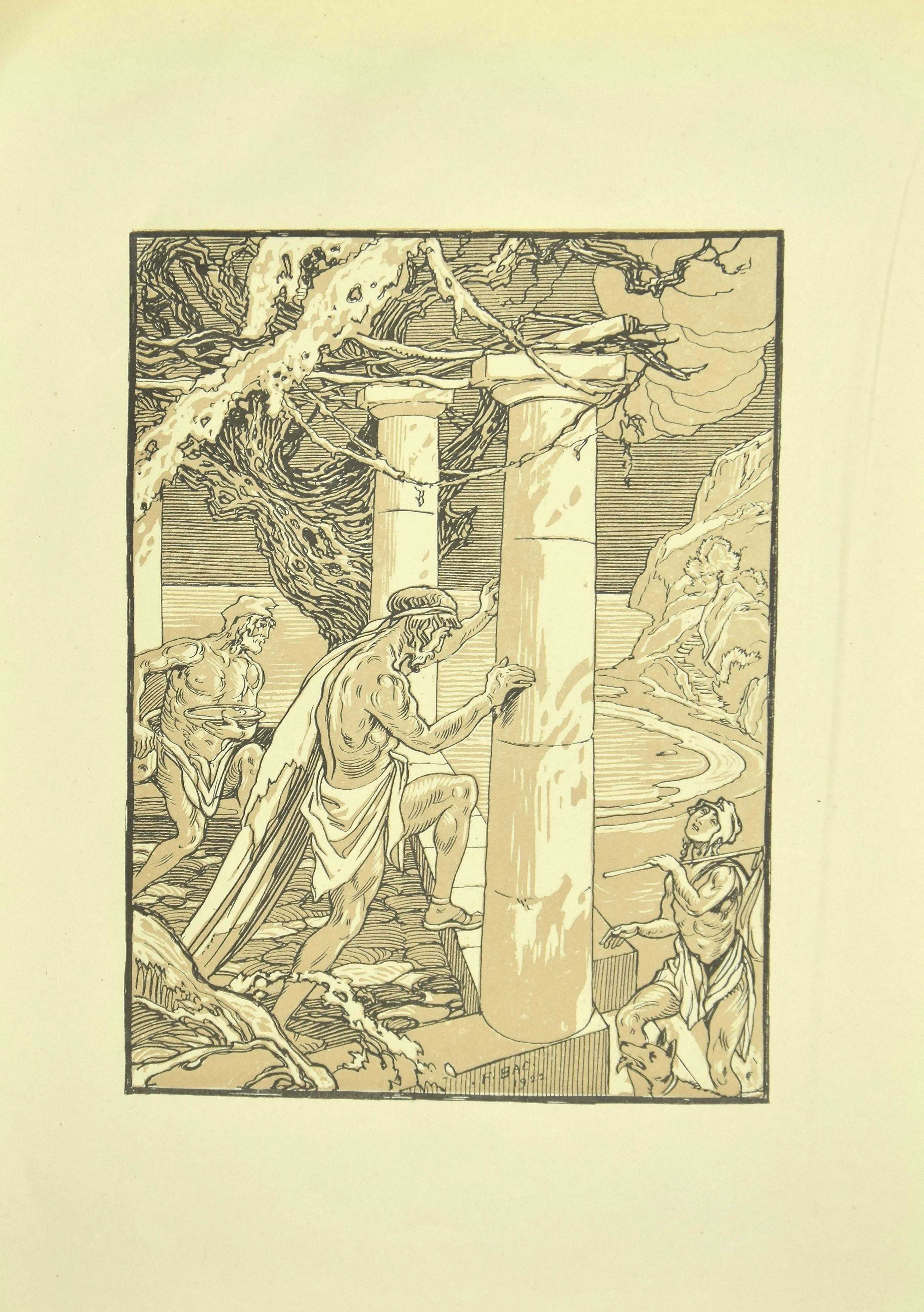 The Men and the Column - Original Lithograph by F. Bac - 1922