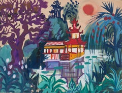 Paesaggio tropicale -  Disegno ad acquerello di Jean Delpech - Anni '60