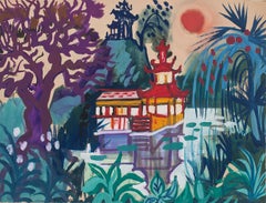 Paysage tropical -  Dessin à l'aquarelle de Jean Delpech - années 1960