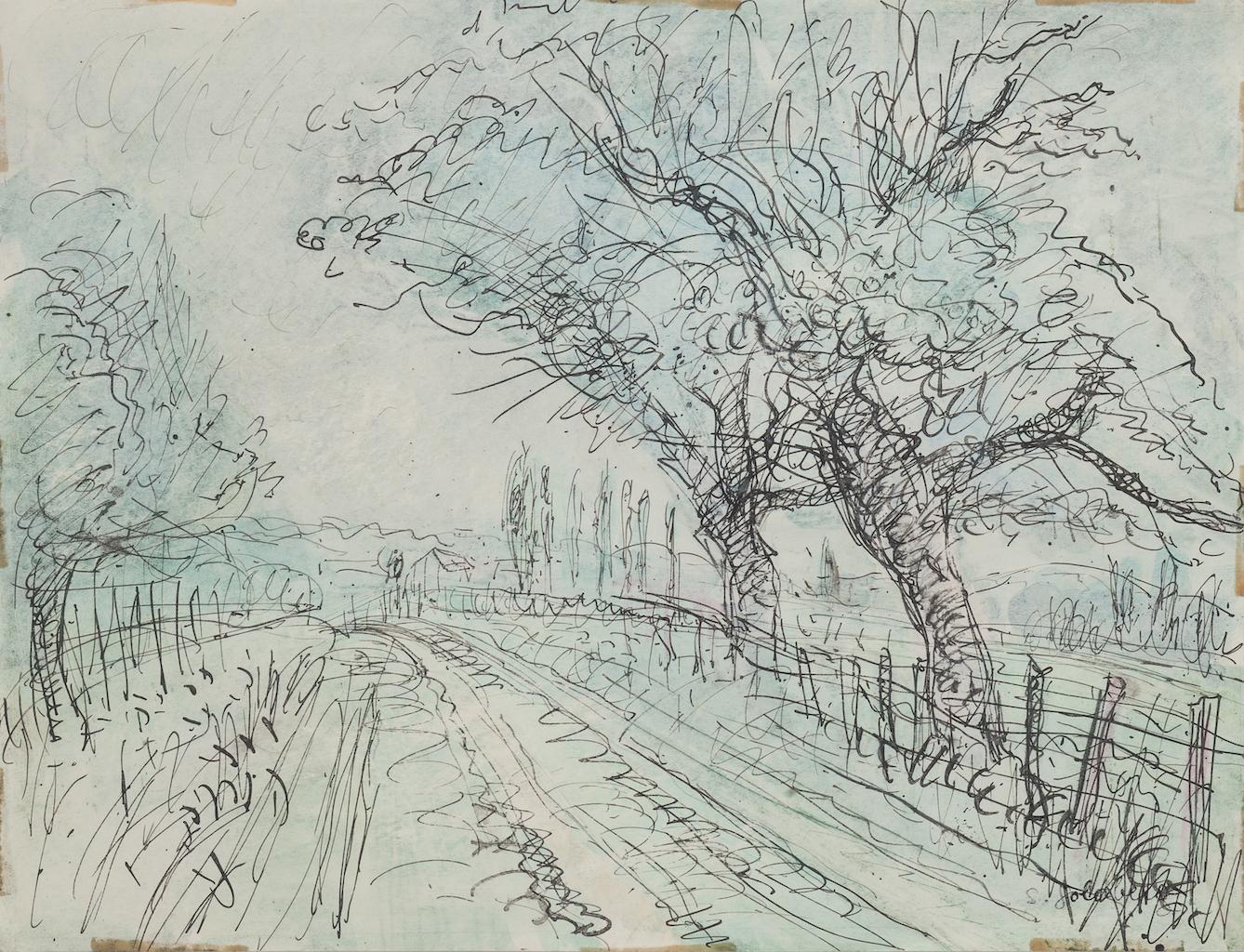 Landscape is an original drawing in pencil on paper, realized by Jean Delpech (1916-1988). 

The state of preservation of the artwork is good.

Sheet dimension: 20 x 26.5 cm.

The artwork represents a beautiful landscape skillfully depicted through