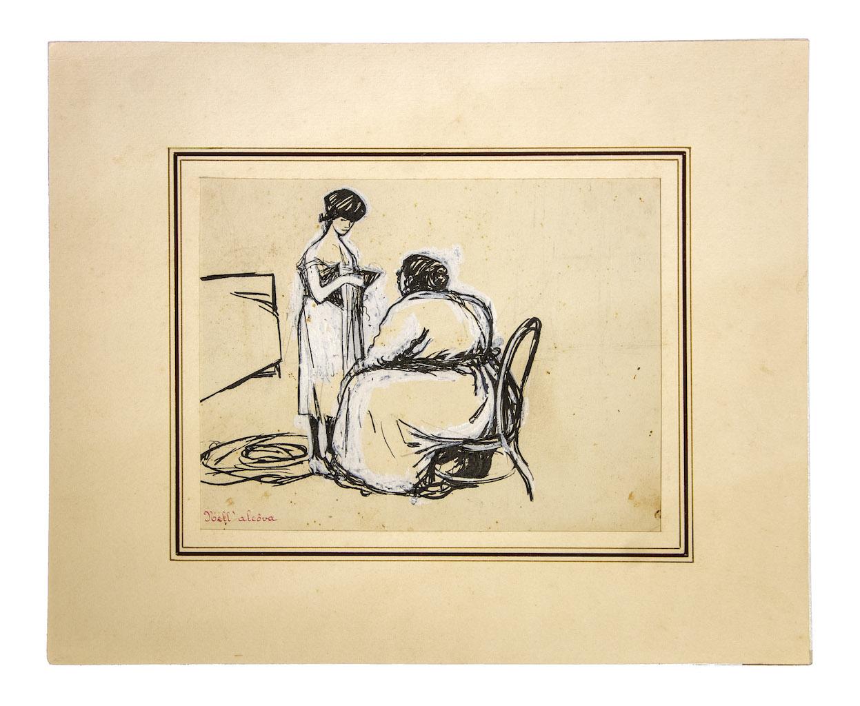 Nell'alcova is an original drawing in mixed media, ink, pencil and white lead on cardboard ,realized in 1902 ca. by Gabriele Galantara (1865-1937).

In good conditions except for some diffused foxings and a small hole on the lower left

Passepartout