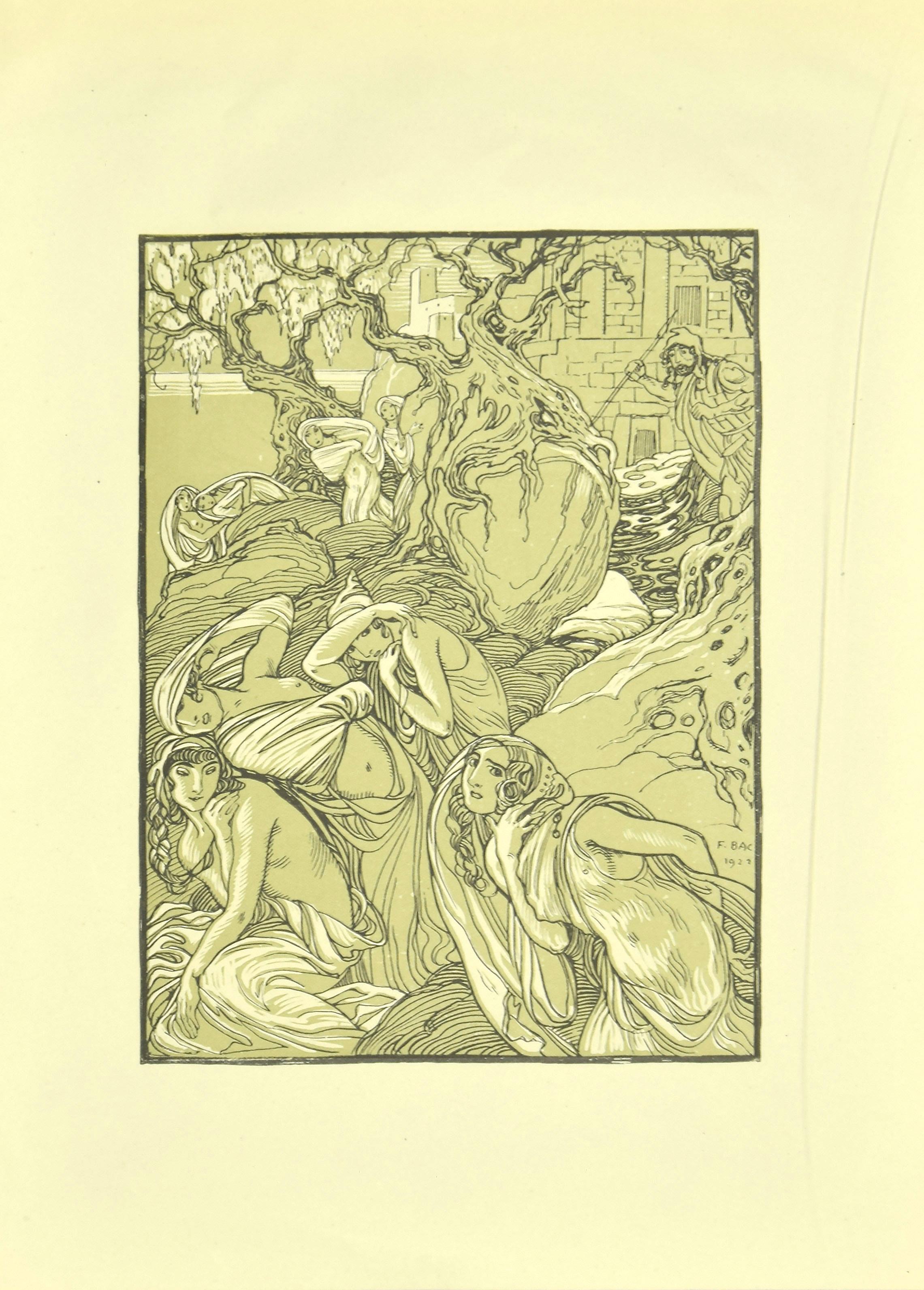 Ferdinand Bac Figurative Print – The Escape of Women – Originallithographie von F. Bac, 1922