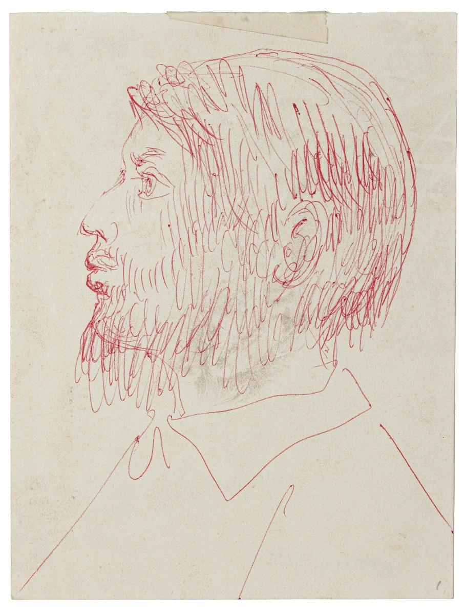 Portrait is an original contemporary artwork realized by Eugène Berman (Petersbourg, 1932 - Rome, 1972) in the 1970s.

Original red pen drawing on paper.

Good conditions except for the presence of scotch tape on the upper side.

Excellent and fresh