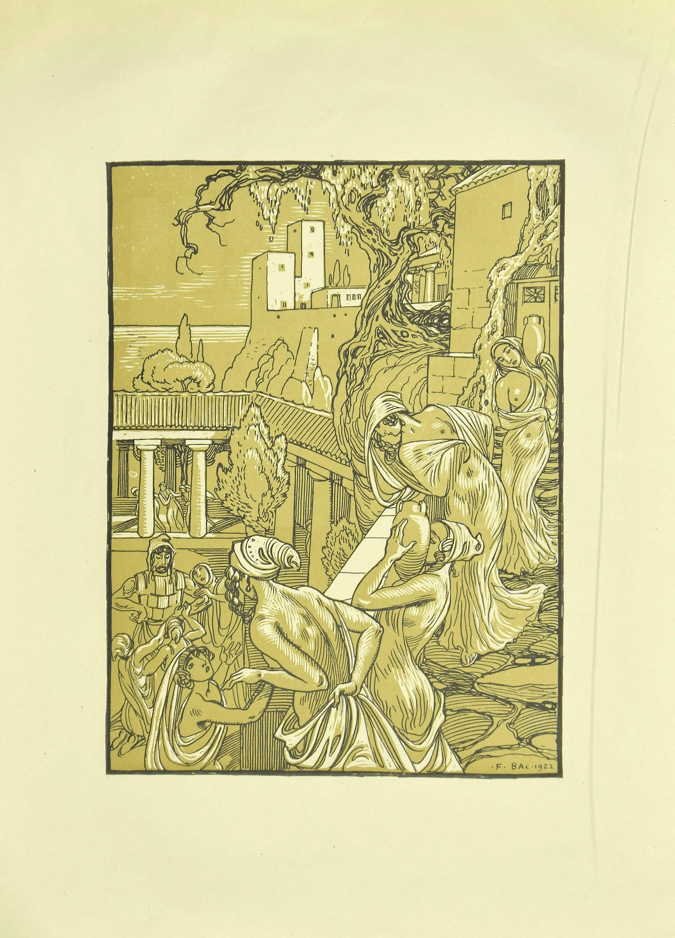 Ferdinand Bac Figurative Print - The Carriers of the Amphorae - Original Lithograph by F. Bac - 1922