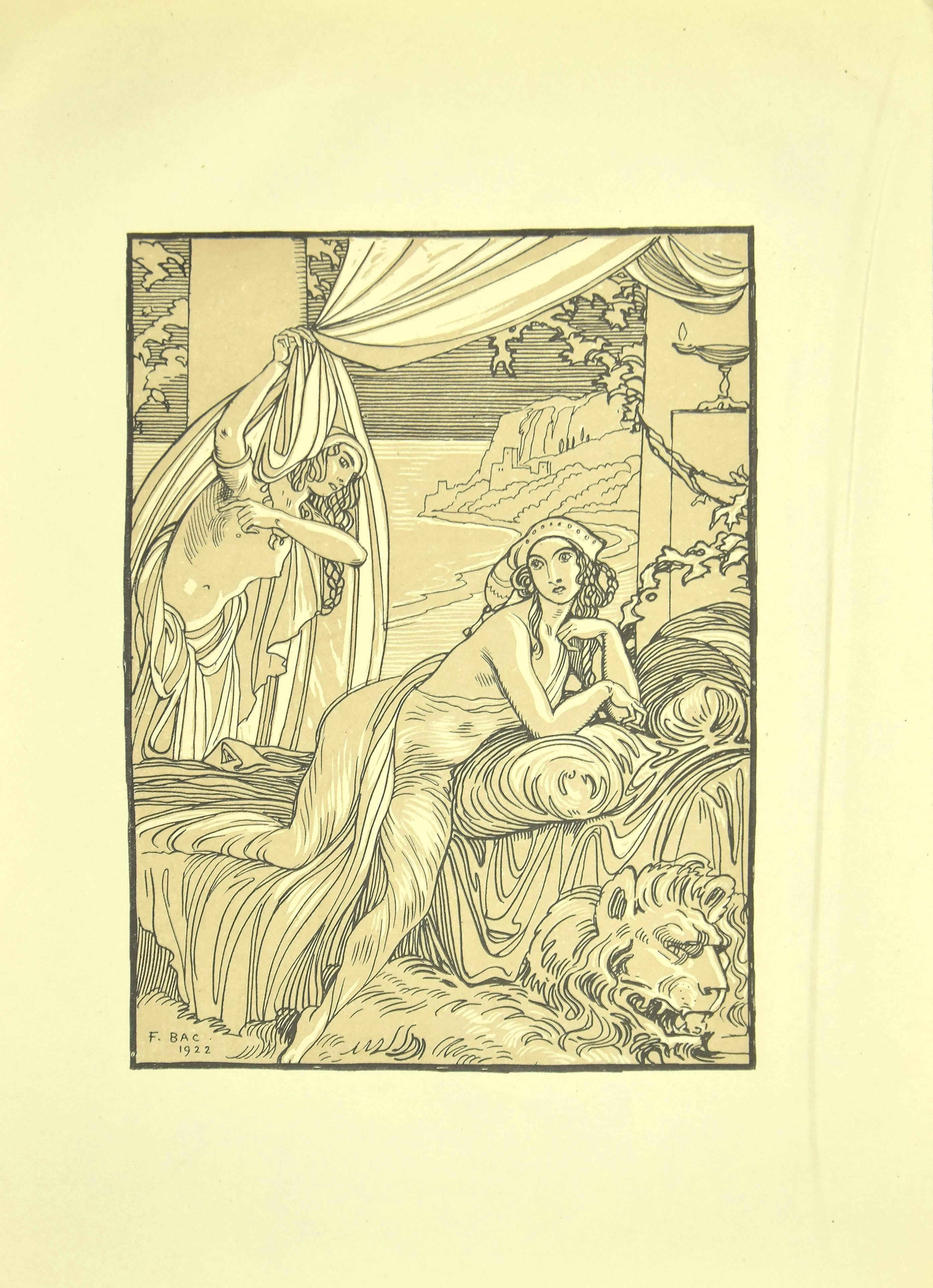Ferdinand Bac Figurative Print – „The Thoughtful“ – Originallithographie von F. Bac, 1922