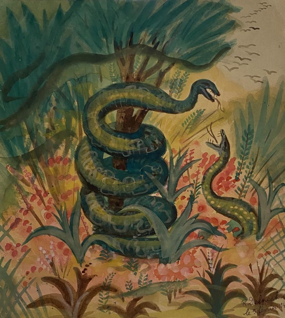 Jean Delpech Animal Art - Snakes in the Forest - Original Watercolor by Jean-Raymond Delpech - 1944