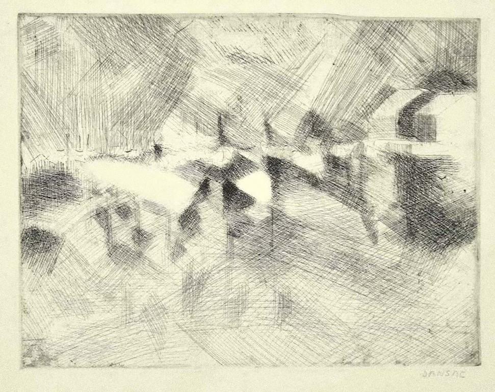 Composition is an original etching artwork realized by Dansac. 

Hand-signed on the lower right margin in pencil.

In very good conditions.

The artwork represents a futuristic style of creation, dynamic, through quick and confident strokes,