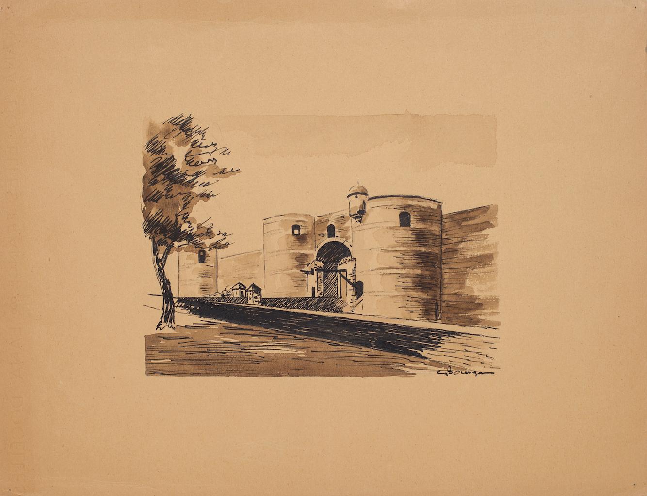 The Fortress - Ink and Watercolor by Gustave Bourgain - 1940 For Sale 1