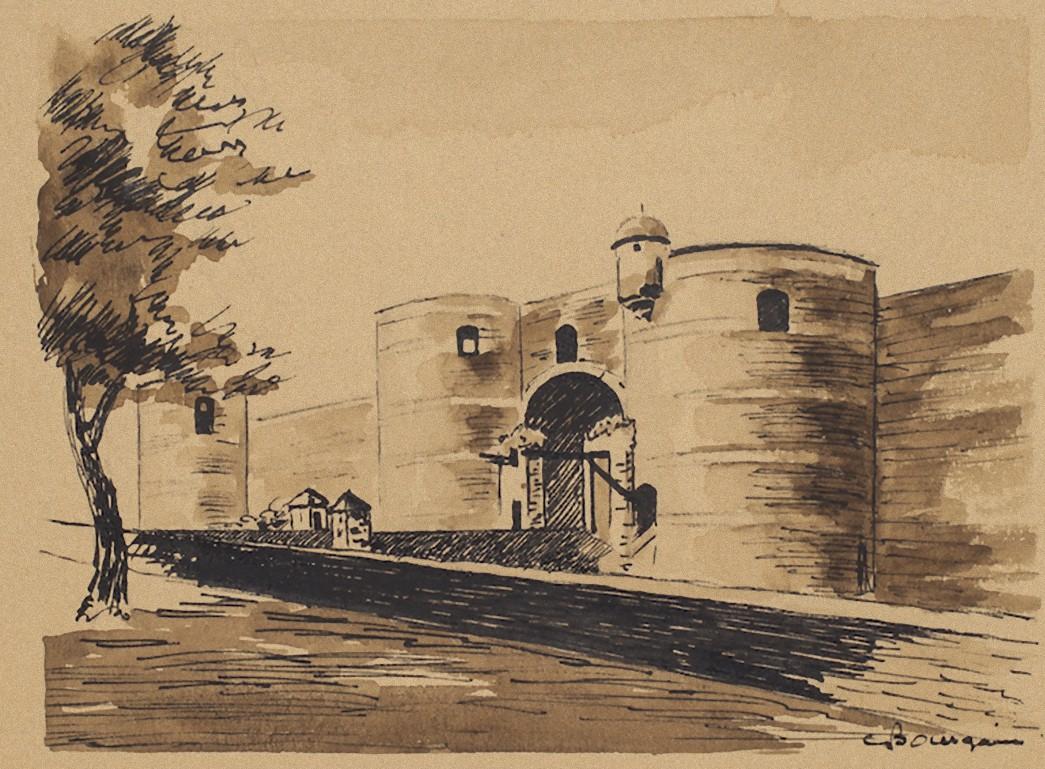  The Fortress is an original ink and watercolor on paper realized in 1940 by Gustave Bourgain

Signed on the plate on the lower right.

The State of preservation is very good.

The artwork represents a huge fortress, which is depicted skillfully