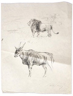 Nu et lion - Crayon sur papier de Wilhelm Lorenz - Milieu du XXe siècle