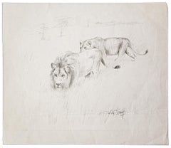 Lions Hunting - Original Pencil on Paper by Wilhelm Lorenz - Mid-20th Century
