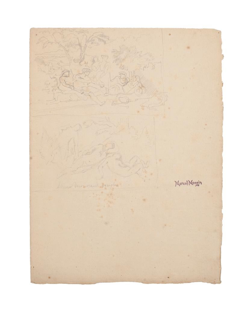 Marcel Mangin  Figurative Art – Resting – Original Bleistift auf Papier – Anfang des 20. Jahrhunderts