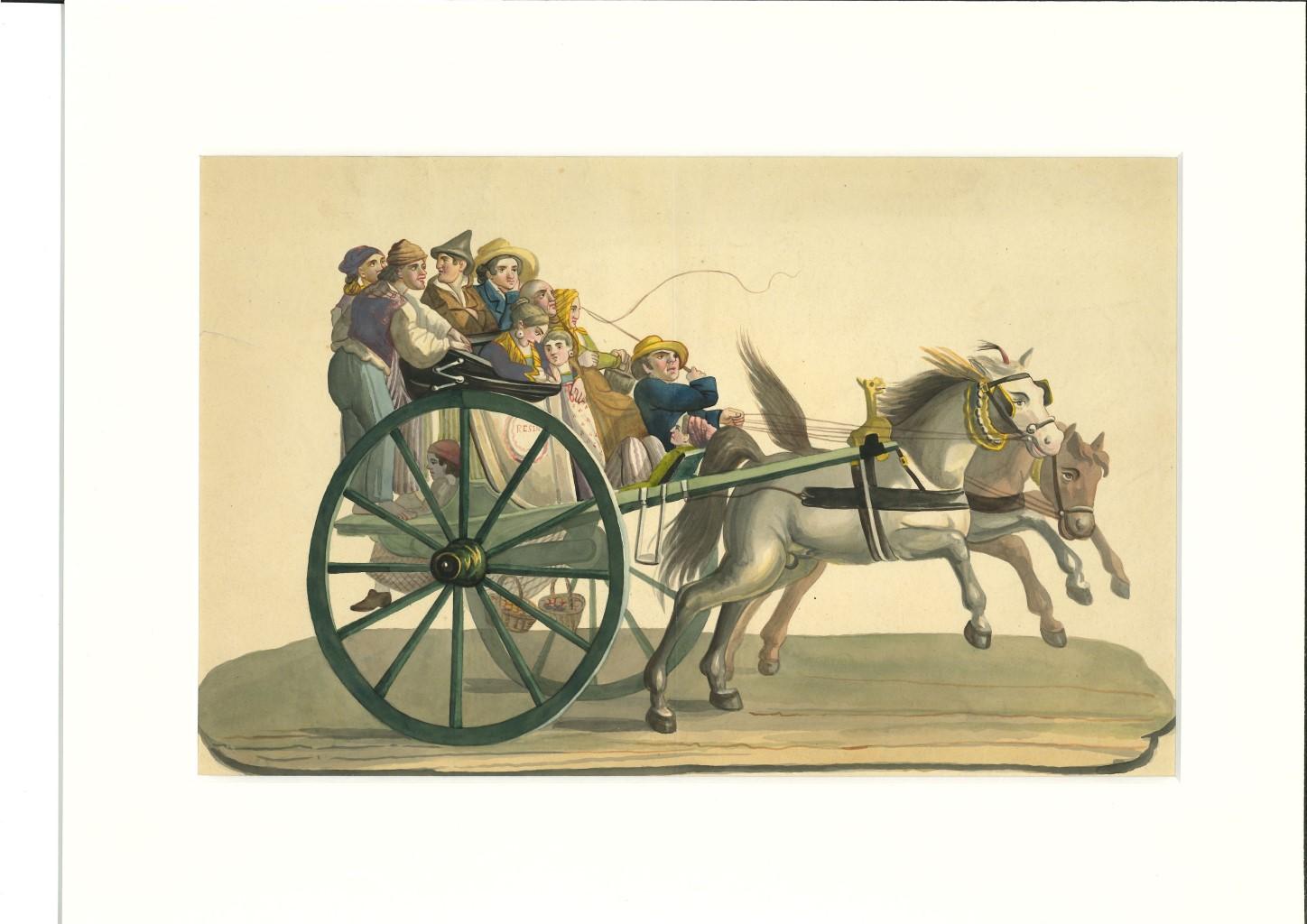 Unknown Figurative Art - Wagon -  Gouache on Paper - 19th Century
