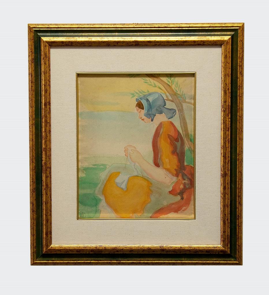 Woman at Embroidery - Original Watercolor on Paper by J. Delpech - 20th Century - Art by Jean Delpech