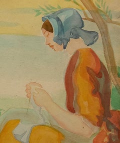 Woman at Embroidery - Original-Aquarell auf Papier von J. Delpech - 20. Jahrhundert