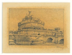 Vintage Roma - Castel Sant'Angelo - Original Pencil by Angelo Rossi - 1930s