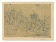 Paysage urbain - Crayon original sur papier de Louis Adolphe Mervi - 20ème siècle