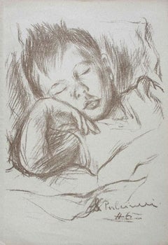 Vintage Sleeping Boy -  Carbon Pencil by Silvano Pulcinelli - 1946