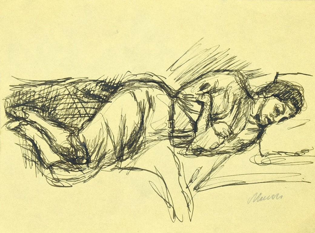 Sleeping Woman - Original Pen Drawing by Mino Maccari - 1950