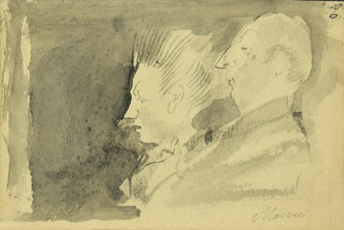 Porträt eines Paares – Bleistift und Aquarell von Mino Maccari – 1950