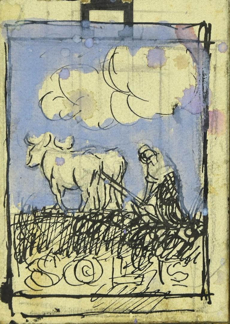 Unknown Figurative Art - Cart with Oxen - Original Pencil and Watercolor on Paper - Early 20th Century