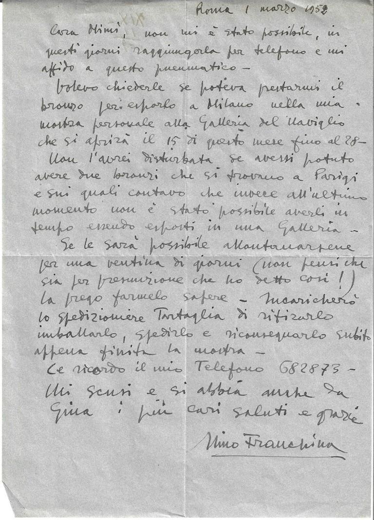 Colecciona esta Carta Autógrafa única firmada por Nino Franchina a la Condesa Pecci-Blunt.

Roma, 1 de marzo de 1952. Una página, por una sola cara, en papel de color azul claro, en 8°, en italiano. Excelentes condiciones, pliegues habituales.