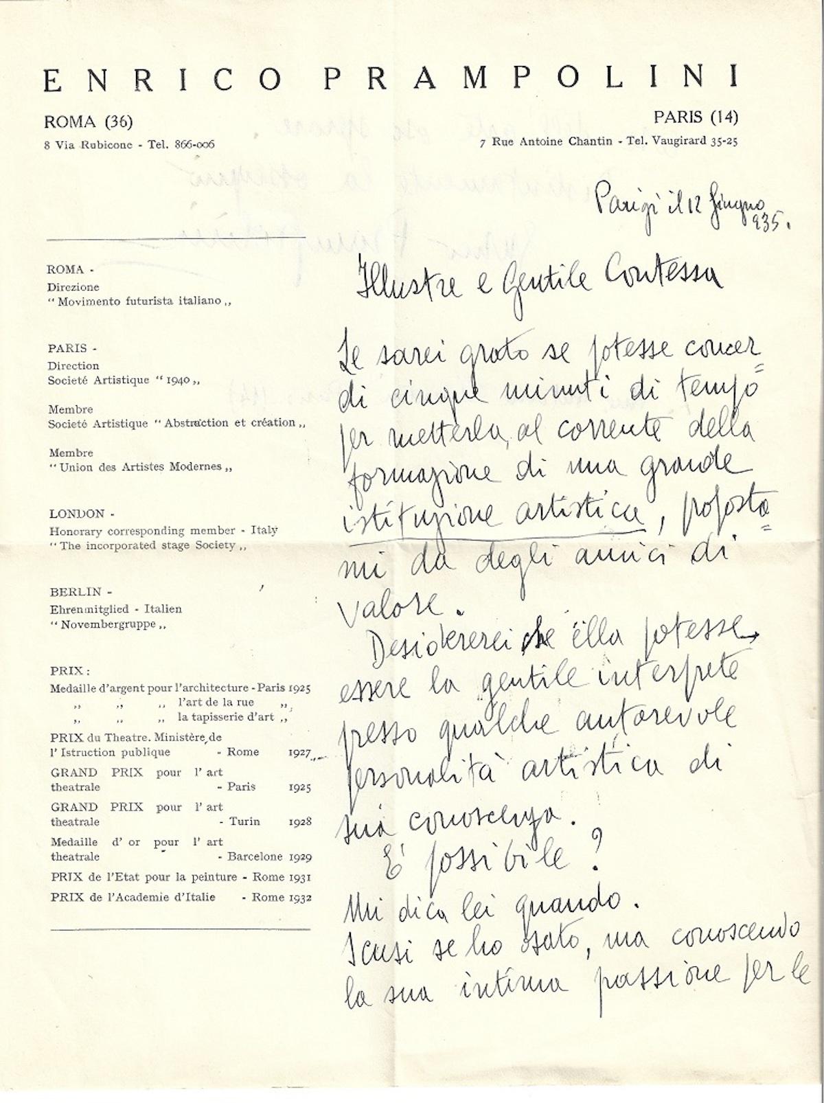 Autograph Letter by E. Prampolini - 1930s - Art by Enrico Prampolini