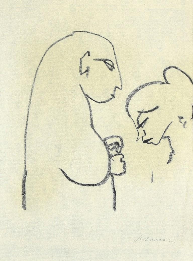  Mino Maccari Figurative Art - Two Figures in Profile - Black Pen on Paper by M. Maccari - 1950