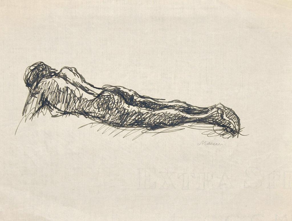 Reclining Nude - Ink on Tissue Paper by Mino Maccari - 1950